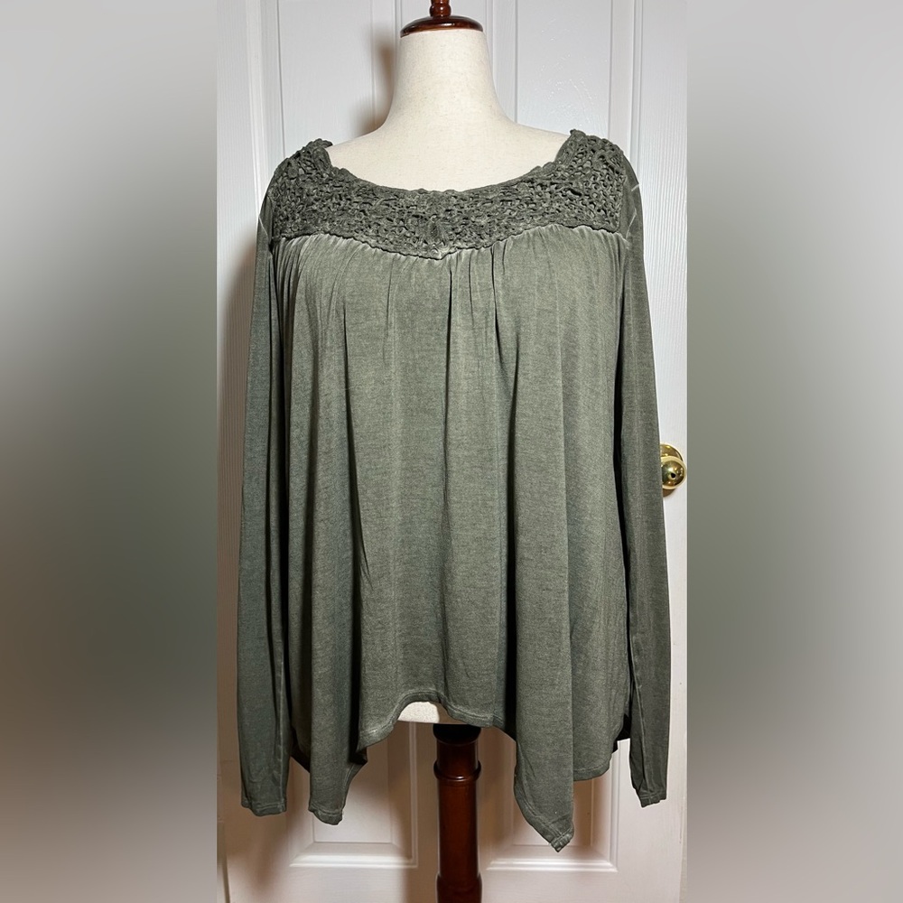 Knox Rose Olive Green Crochet Yoke Long Sleeve Boho Top Size XXL